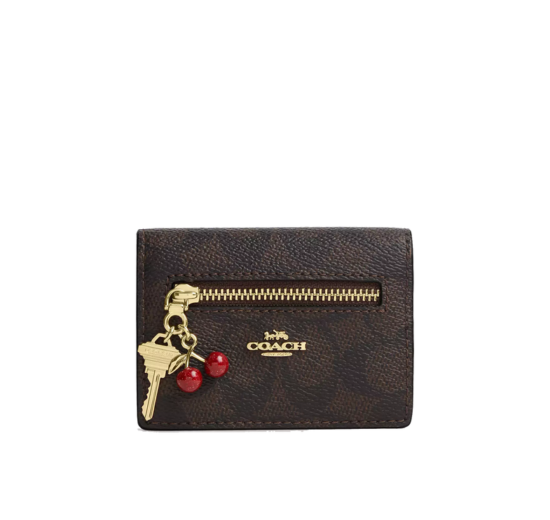 Coach Women's Card Case With Charms In Signature Canvas Gold/Walnut/Black
