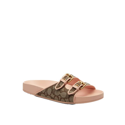 Coach Women's Two Band Buckle Sandal In Signature Jacquard Oak/Candy Pink