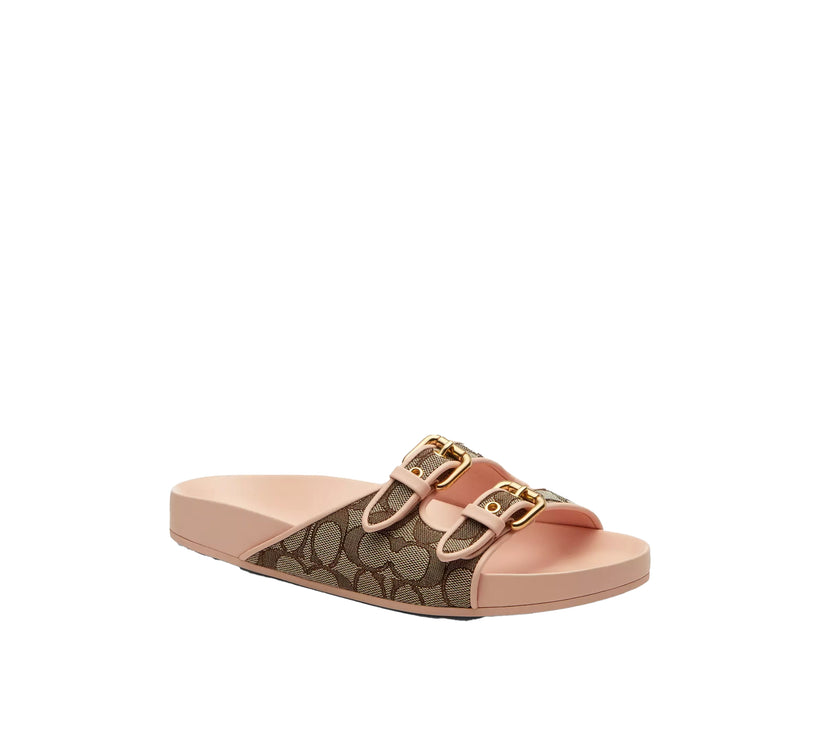 Coach Women's Two Band Buckle Sandal In Signature Jacquard Oak/Candy Pink
