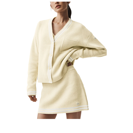 alo Women's Tennis Club Sweater Knit Cardigan Oatmeal/White
