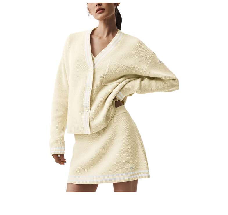 alo Women's Tennis Club Sweater Knit Cardigan Oatmeal/White