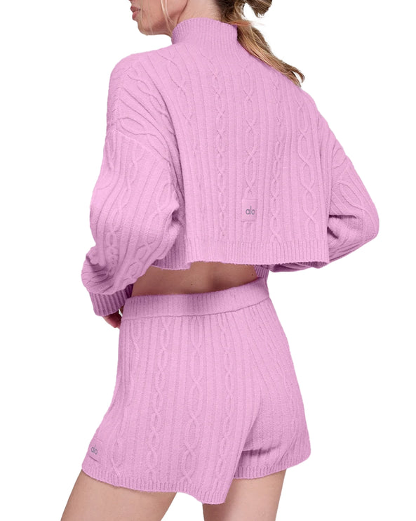 alo Women's Cable Knit Cropped Winter Bliss Turtleneck Long Sleeve Candy Heart Pink