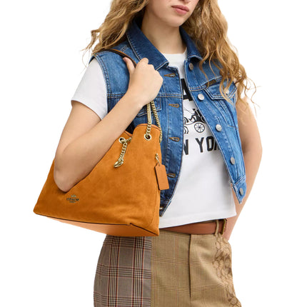 Coach Women's Evelyn Shoulder Bag With Quilting And Charm Suede/Gold/Marigold