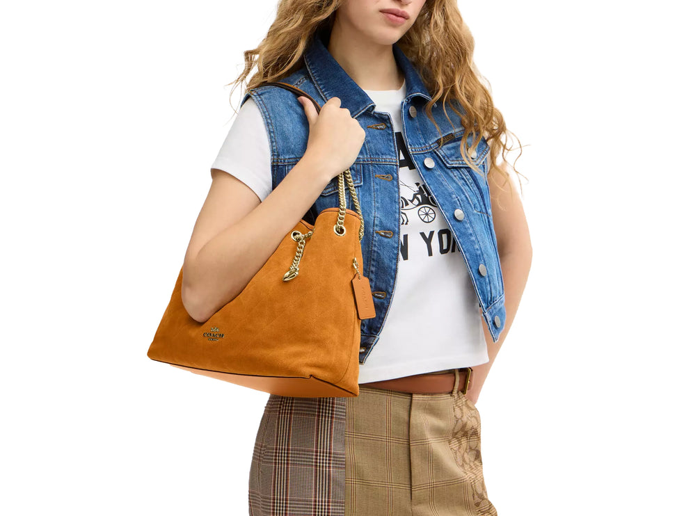 Coach Women's Evelyn Shoulder Bag With Quilting And Charm Suede/Gold/Marigold