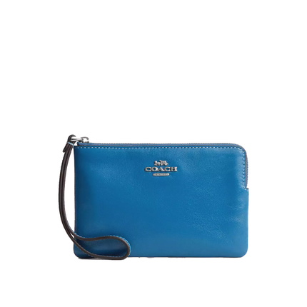 Coach Women's Corner Zip Wristlet Silver/Blue Jay