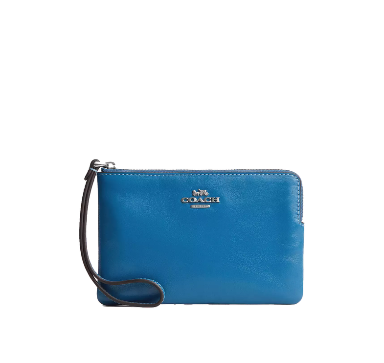 Coach Women's Corner Zip Wristlet Silver/Blue Jay