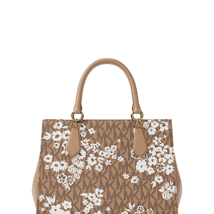 Michael Kors Women's Marilyn Medium Printed Signature Logo Satchel Bag Camel/Gold