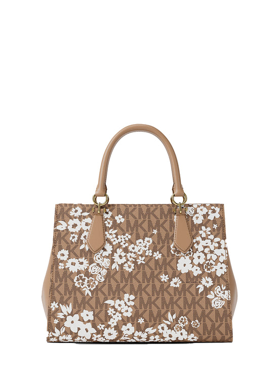 Michael Kors Women's Marilyn Medium Printed Signature Logo Satchel Bag Camel/Gold
