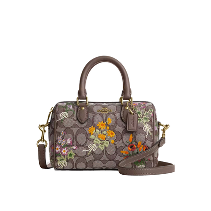 Coach Women's Mini Rowan Crossbody Bag In Signature Jacquard With Floral Embroidery Gold/Oak Multi