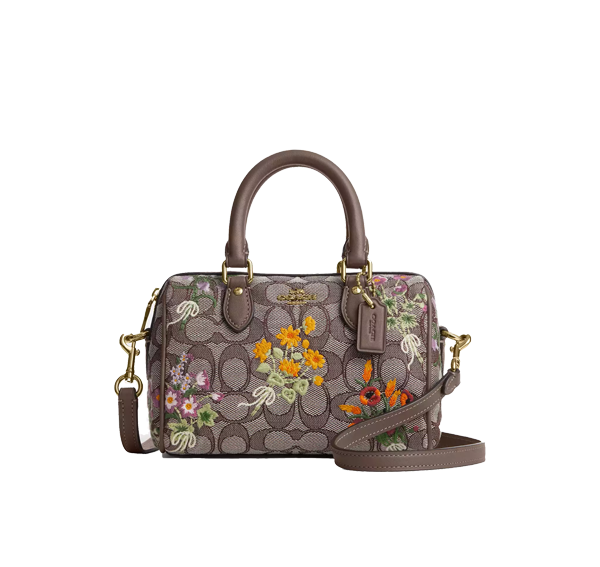 Coach Women's Mini Rowan Crossbody Bag In Signature Jacquard With Floral Embroidery Gold/Oak Multi