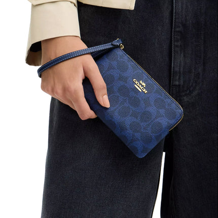 Coach Women's Corner Zip Wristlet In Signature Canvas Gold/Navy