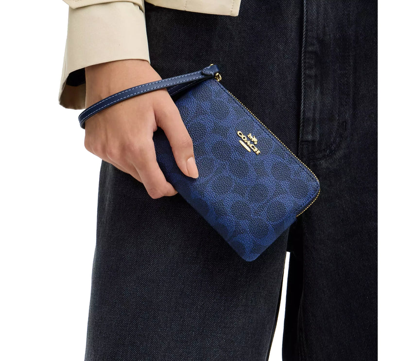 Coach Women's Corner Zip Wristlet In Signature Canvas Gold/Navy