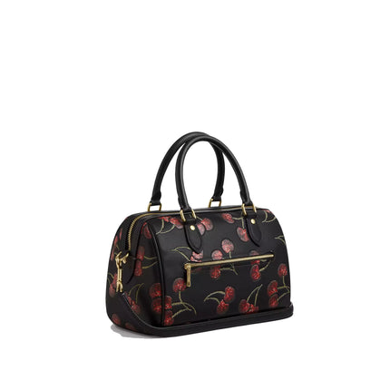 Coach Women's Rowan Satchel Bag With Cherry Print Gold/Black Multi
