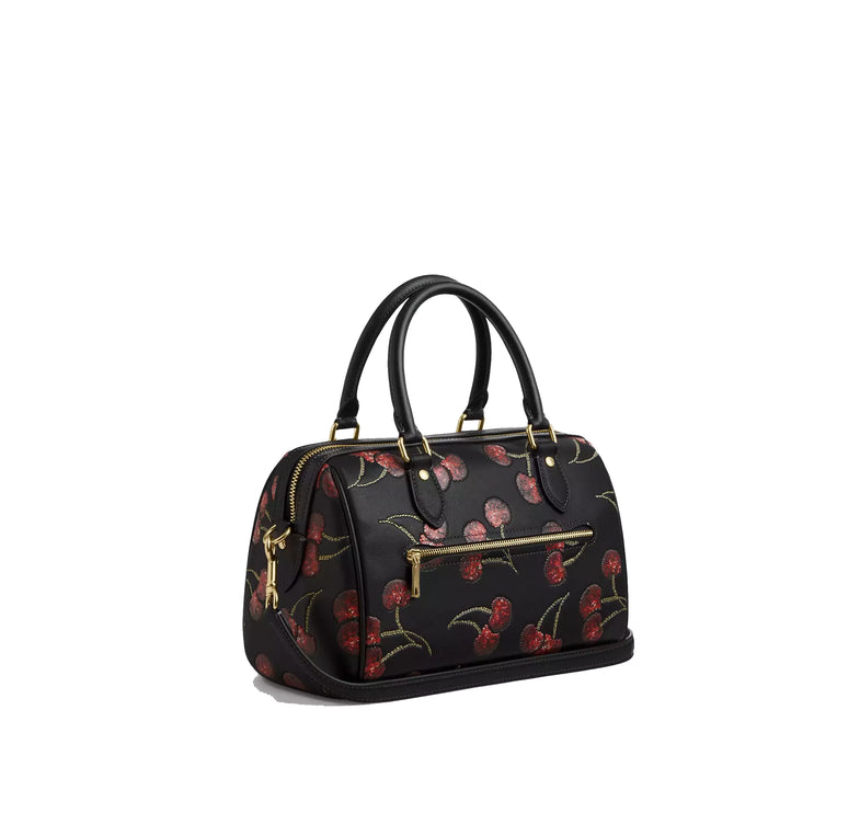 Coach Women's Rowan Satchel Bag With Cherry Print Gold/Black Multi