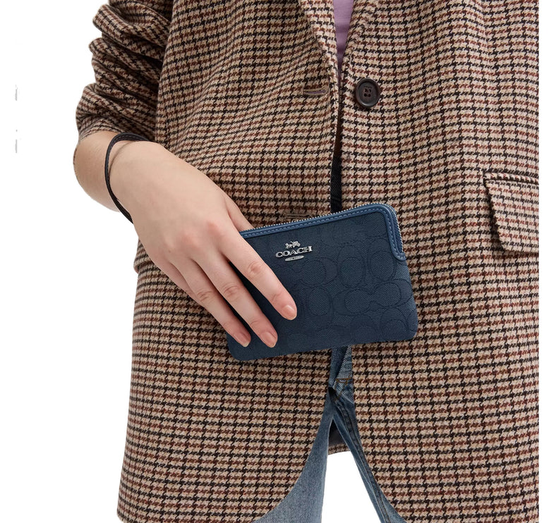 Coach Women's Corner Zip Wristlet In Signature Jacquard Silver/Denim/Dark Denim