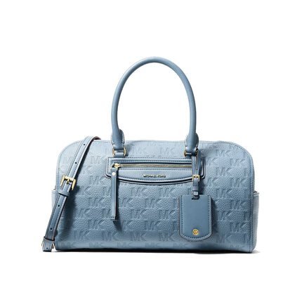 Michael Kors Women's Jet Set Travel Medium Logo Embossed Leather Duffel Crossbody Bag Chambray