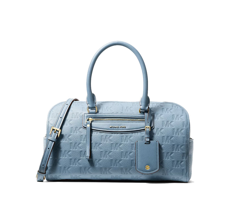 Michael Kors Women's Jet Set Travel Medium Logo Embossed Leather Duffel Crossbody Bag Chambray