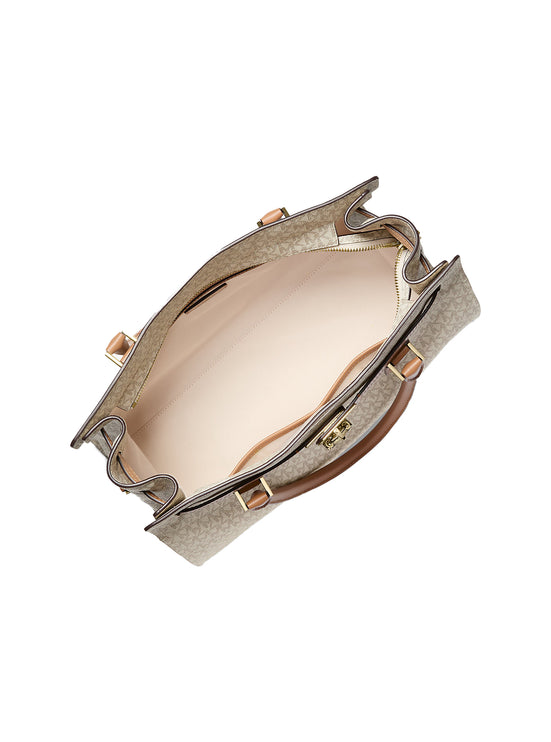 Michael Kors Women's Hamilton Moderne Large Signature Logo Satchel Bag Vanilla/Acorn/Gold