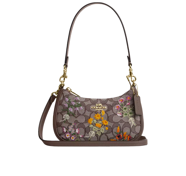 Coach Women's Teri Mini Crossbody Bag In Signature Jacquard With Floral Embroidery Gold/Oak Multi