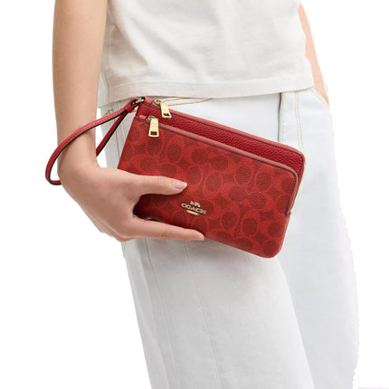 Coach Women's Double Zip Wallet In Signature Canvas Gold/Crimson