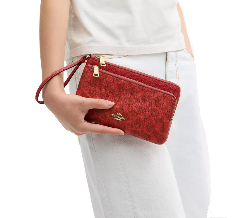 Coach Women's Double Zip Wallet In Signature Canvas Gold/Crimson