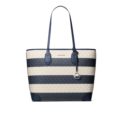Michael Kors Women's Eva Large Striped Signature Logo Tote Bag Navy/Silver