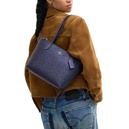 Coach Women's Fiona Zip Tote Bag In Signature Canvas Silver/Blue/Navy