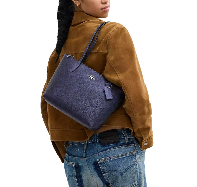 Coach Women's Fiona Zip Tote Bag In Signature Canvas Silver/Blue/Navy