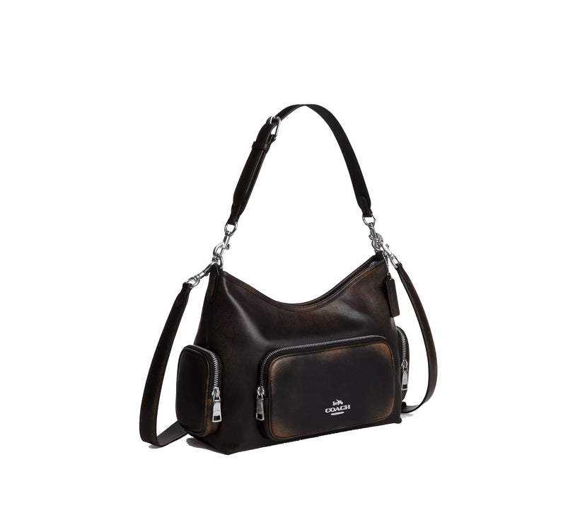 Coach Women's Laurel Shoulder Bag With Pockets In Loved Leather Silver/Black Brown