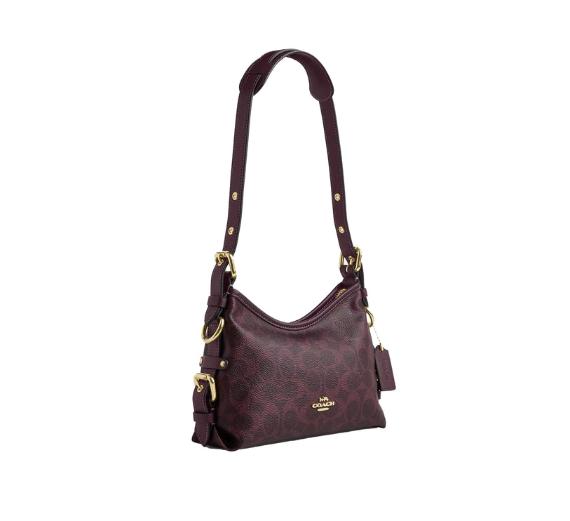 Coach Women's Laurel Shoulder Bag 22 With Buckles In Signature Canvas Gold/Black Currant