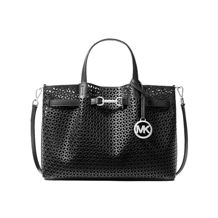 Michael Kors Women's Carson Medium Floral Laser Cut Satchel Bag Black/Silver