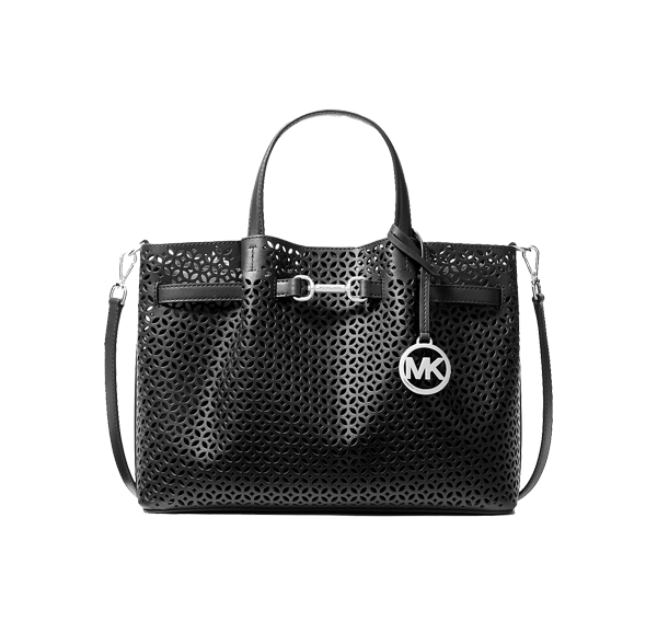 Michael Kors Women's Carson Medium Floral Laser Cut Satchel Bag Black/Silver