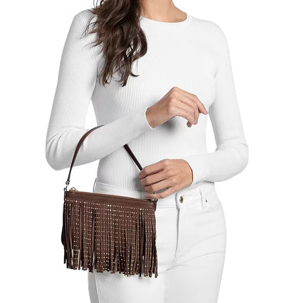 Michael Kors Women's Studded Fringed Microsuede Wristlet Nutmeg