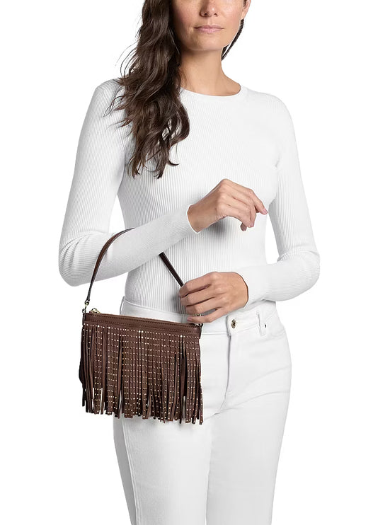 Michael Kors Women's Studded Fringed Microsuede Wristlet Nutmeg