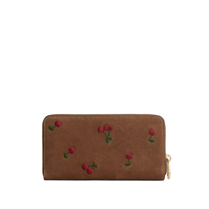 Coach Women's Long Zip Around Wallet With Cherry Embroidery Suede/Gold/Cedar Multi