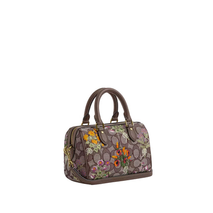 Coach Women's Mini Rowan Crossbody Bag In Signature Jacquard With Floral Embroidery Gold/Oak Multi