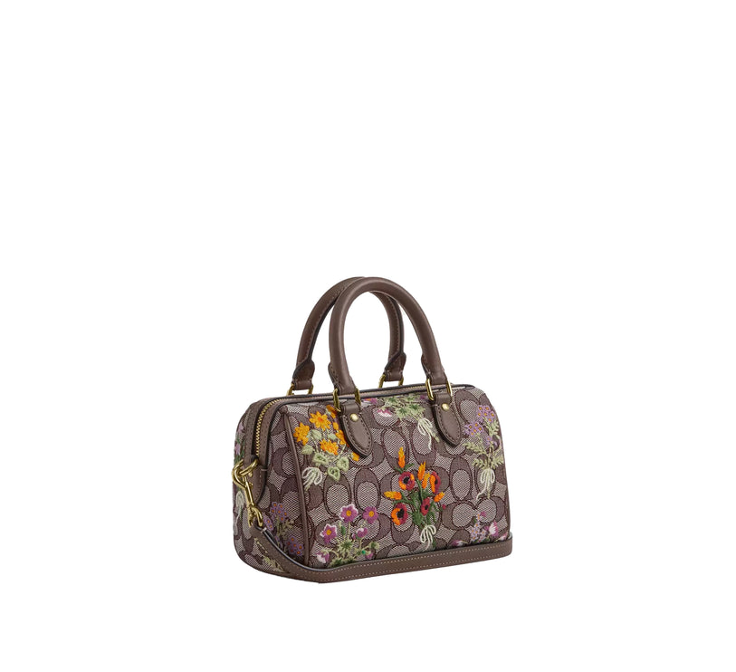 Coach Women's Mini Rowan Crossbody Bag In Signature Jacquard With Floral Embroidery Gold/Oak Multi
