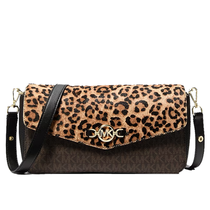 Michael Kors Women's Kacey Medium Signature Logo and Leopard Print Calf Hair Shoulder Bag Camel Multi/Gold