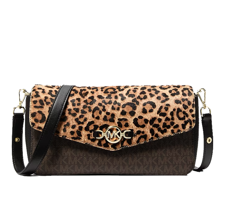 Michael Kors Women's Kacey Medium Signature Logo and Leopard Print Calf Hair Shoulder Bag Camel Multi/Gold