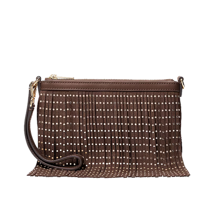 Michael Kors Women's Studded Fringed Microsuede Wristlet Nutmeg