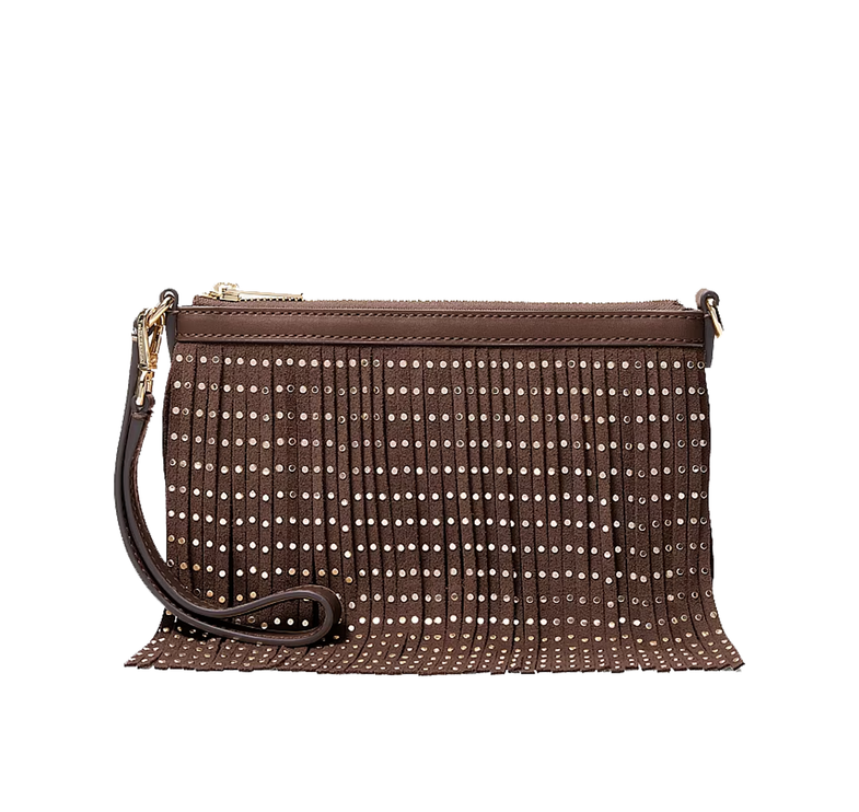 Michael Kors Women's Studded Fringed Microsuede Wristlet Nutmeg