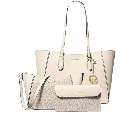 Michael Kors Women's Jet Set Travel Large Signature Logo 3-in-1 Tote Bag Light Cream/Gold