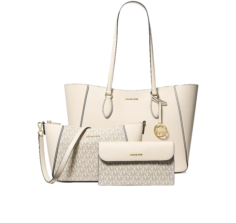 Michael Kors Women's Jet Set Travel Large Signature Logo 3-in-1 Tote Bag Light Cream/Gold