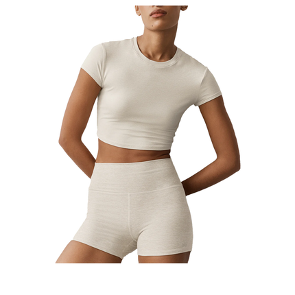alo Women's Alosoft Crop Finesse Short Sleeve Oatmeal Heather