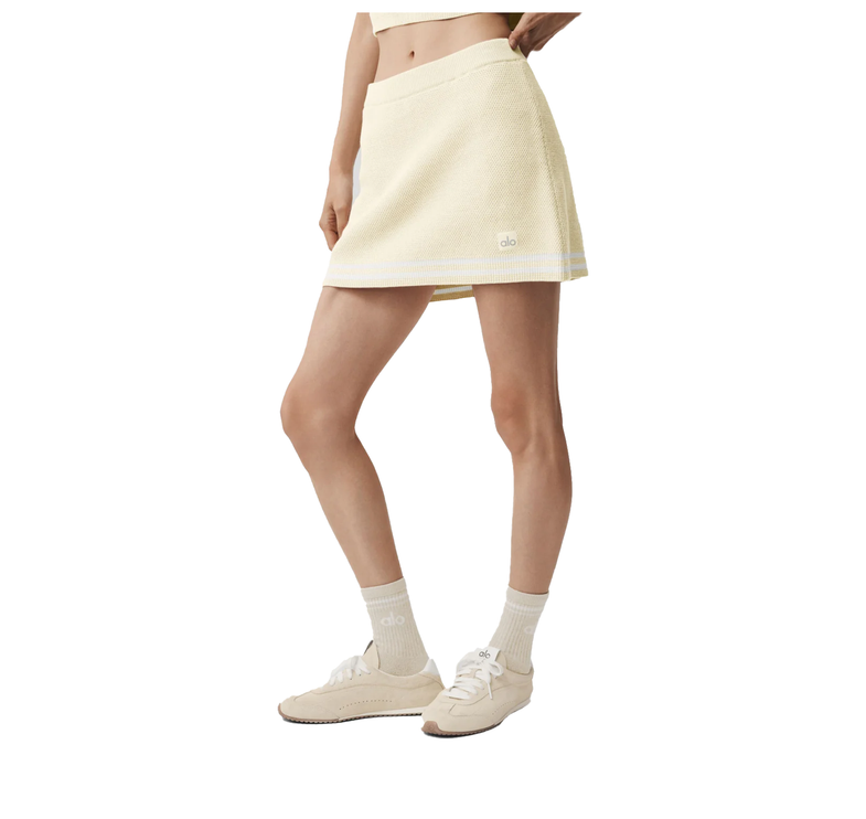 alo Women's Tennis Club Sweater Knit Skirt Oatmeal/White