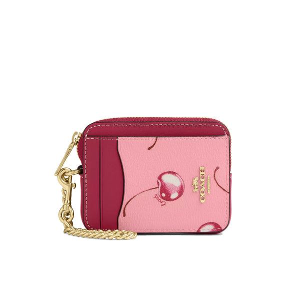 Coach Women's Zip Card Case With Cherry Print Gold/Flower Pink/Bright Violet