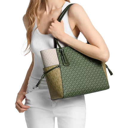 Michael Kors Women's Voyager Large Color-Block Signature Logo Tote Bag Amazon Green