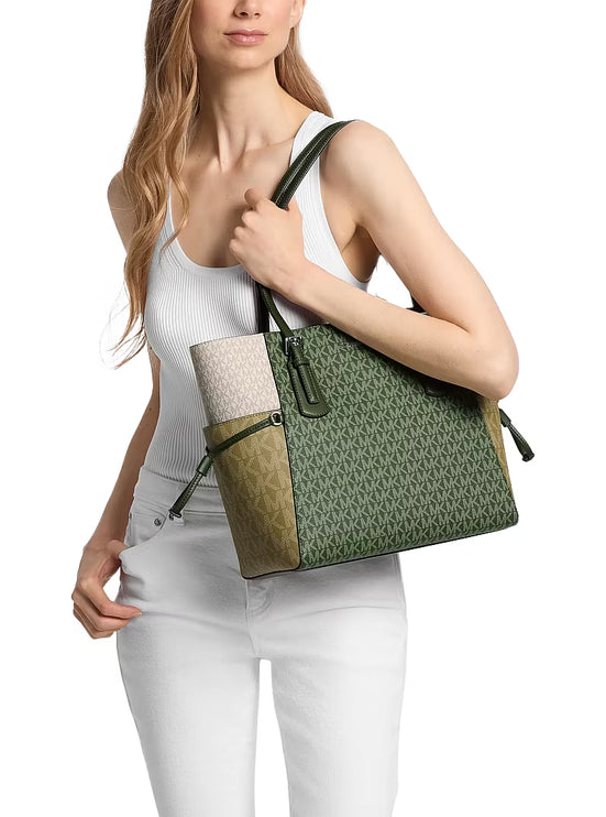 Michael Kors Women's Voyager Large Color-Block Signature Logo Tote Bag Amazon Green