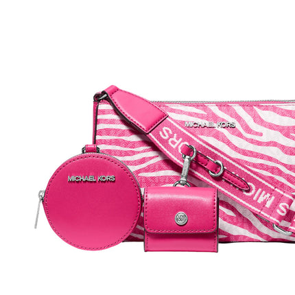 Michael Kors Women's Jet Set Leather Medium Animal Print Logo Crossbody Bag with Case for Apple Airpods Pro® Dragonfruit