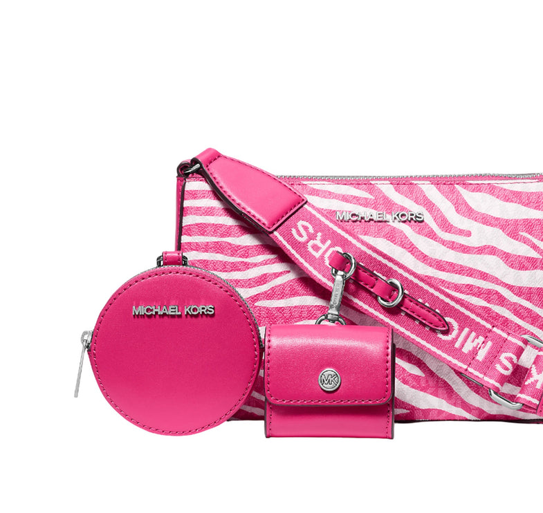 Michael Kors Women's Jet Set Leather Medium Animal Print Logo Crossbody Bag with Case for Apple Airpods Pro® Dragonfruit